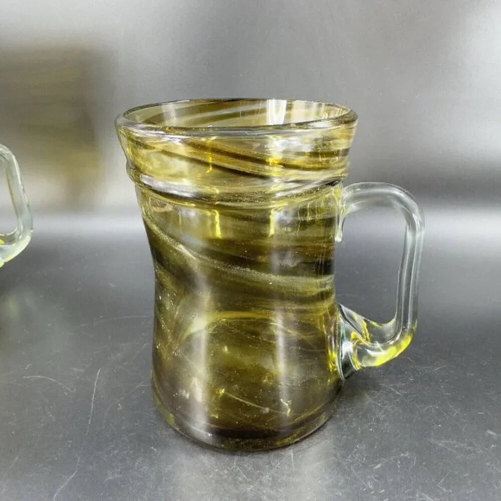 Hand Made Art Glass Mug Cup With‎ Applied Clear Handle Green Black Swirls Lines
